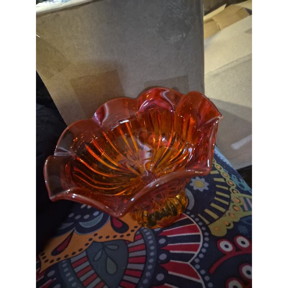 Vintage LE Smith Amberina glass Pedestal Compote Bowl With Ribbed Design And
